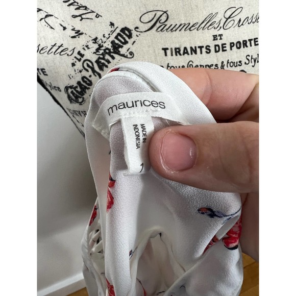 Maurices Semi Sheer white and red floral long sleeve V-neck Blouse - Picture 3 of 12